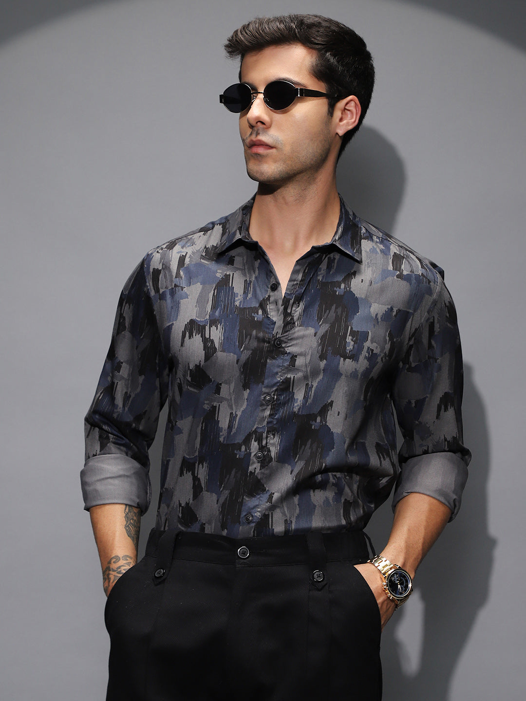 Campus Sutra Fray-Stroke Imprint Shirt