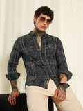 Campus Sutra Blue Plaid Cotton Blend Slim Fit Shirt