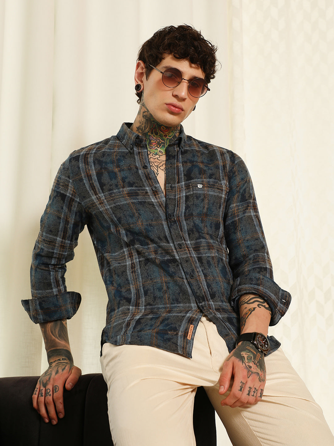 Campus Sutra Blue Plaid Cotton Blend Slim Fit Shirt