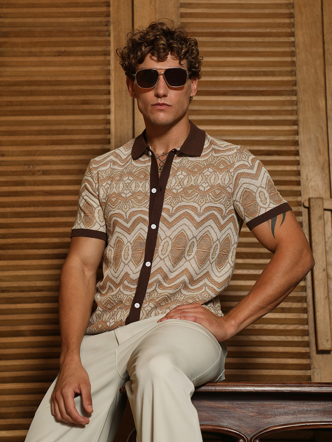 Campus Sutra Brown Geometric Pattern Polo Collar Shirt