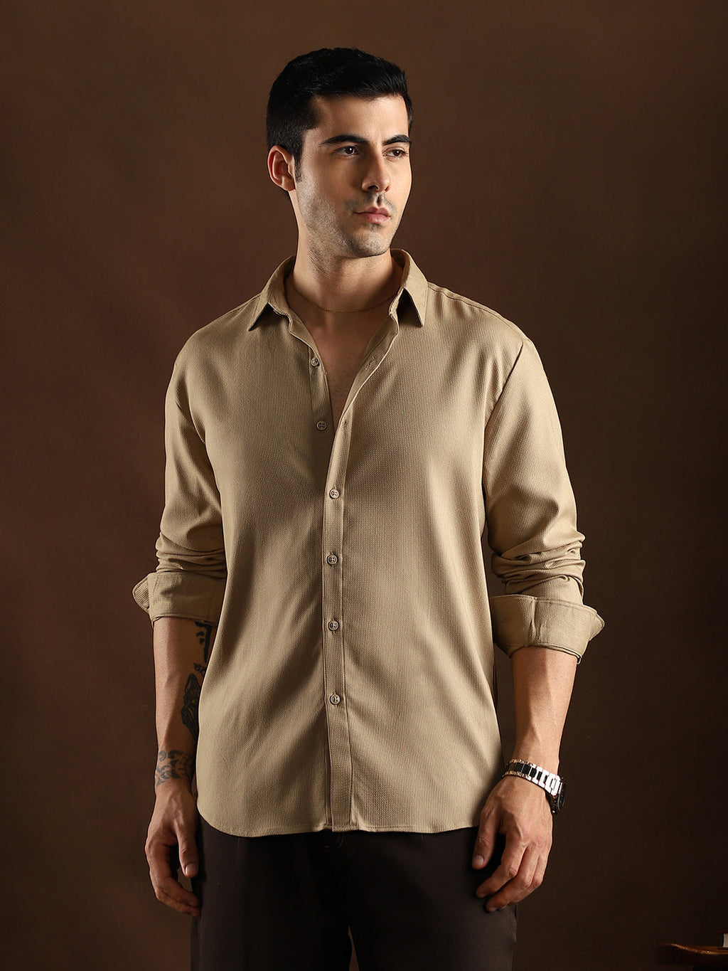 Campus Sutra Solid Waffle-Weave Shirt