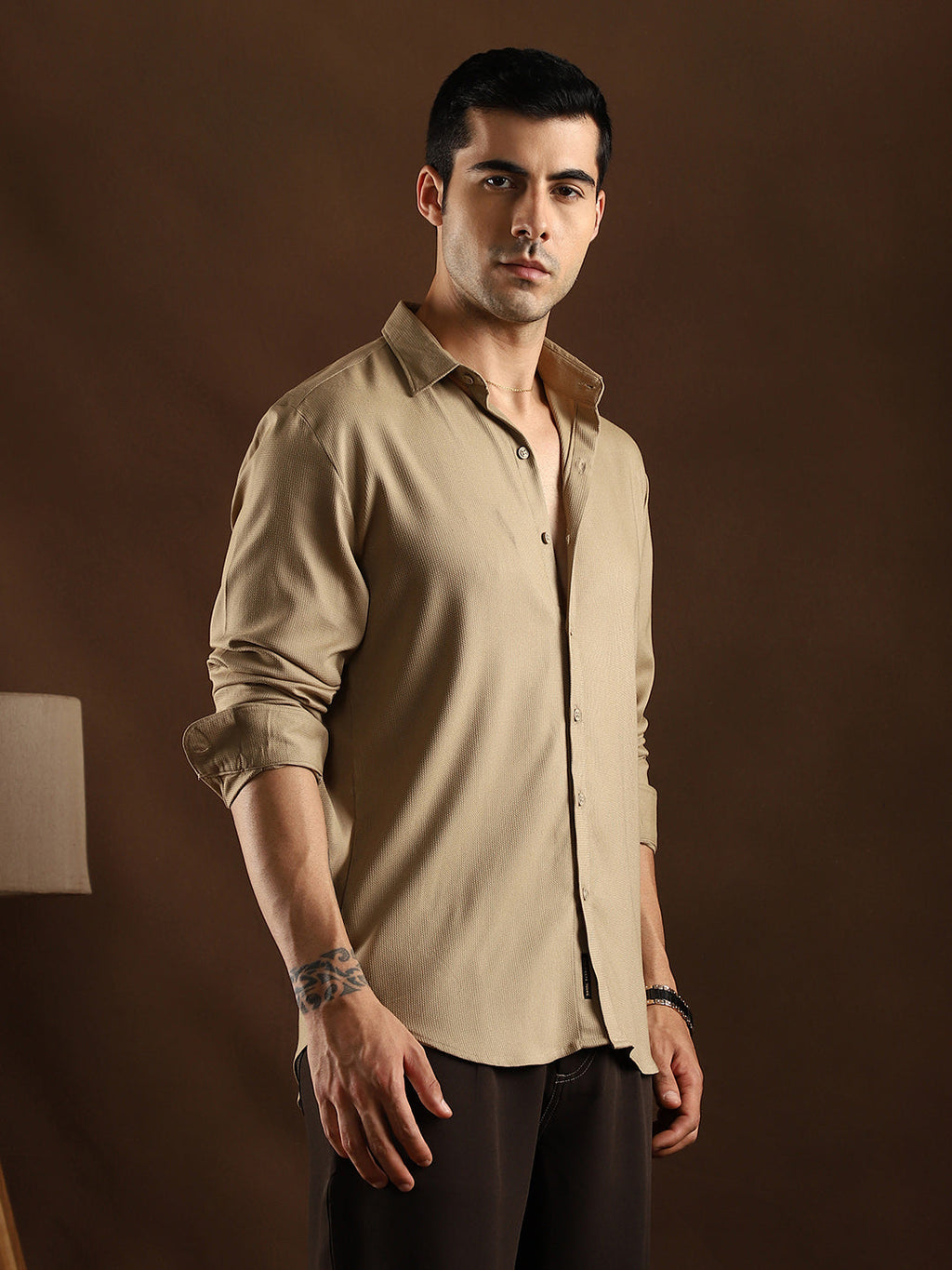 Campus Sutra Solid Waffle-Weave Shirt