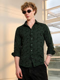 Campus Sutra Dark Green Textured Floral Cotton Blend Shirt