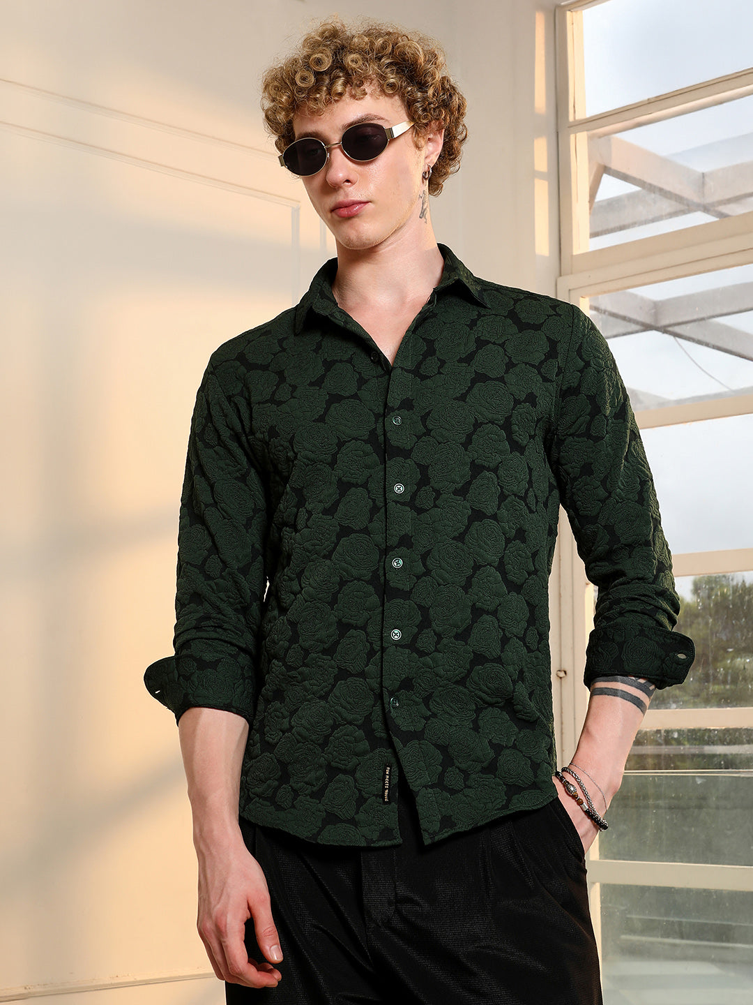 Campus Sutra Dark Green Textured Floral Cotton Blend Shirt
