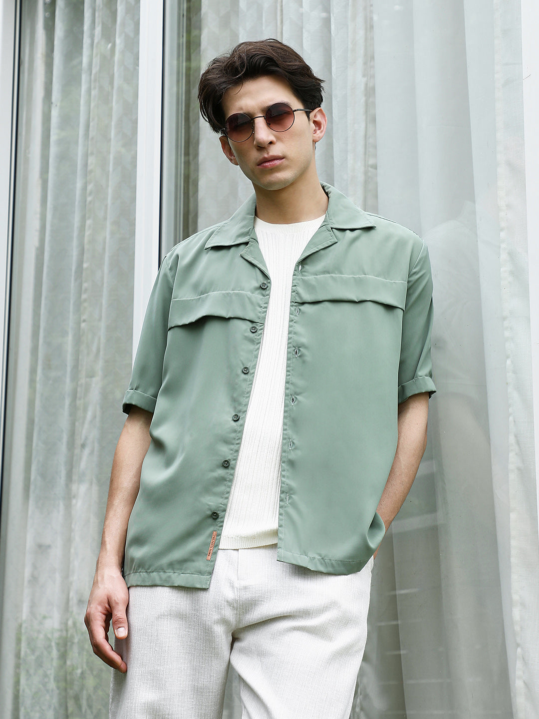 Campus Sutra Sage Green Cuban Collar Relaxed Fit Shirt For Men