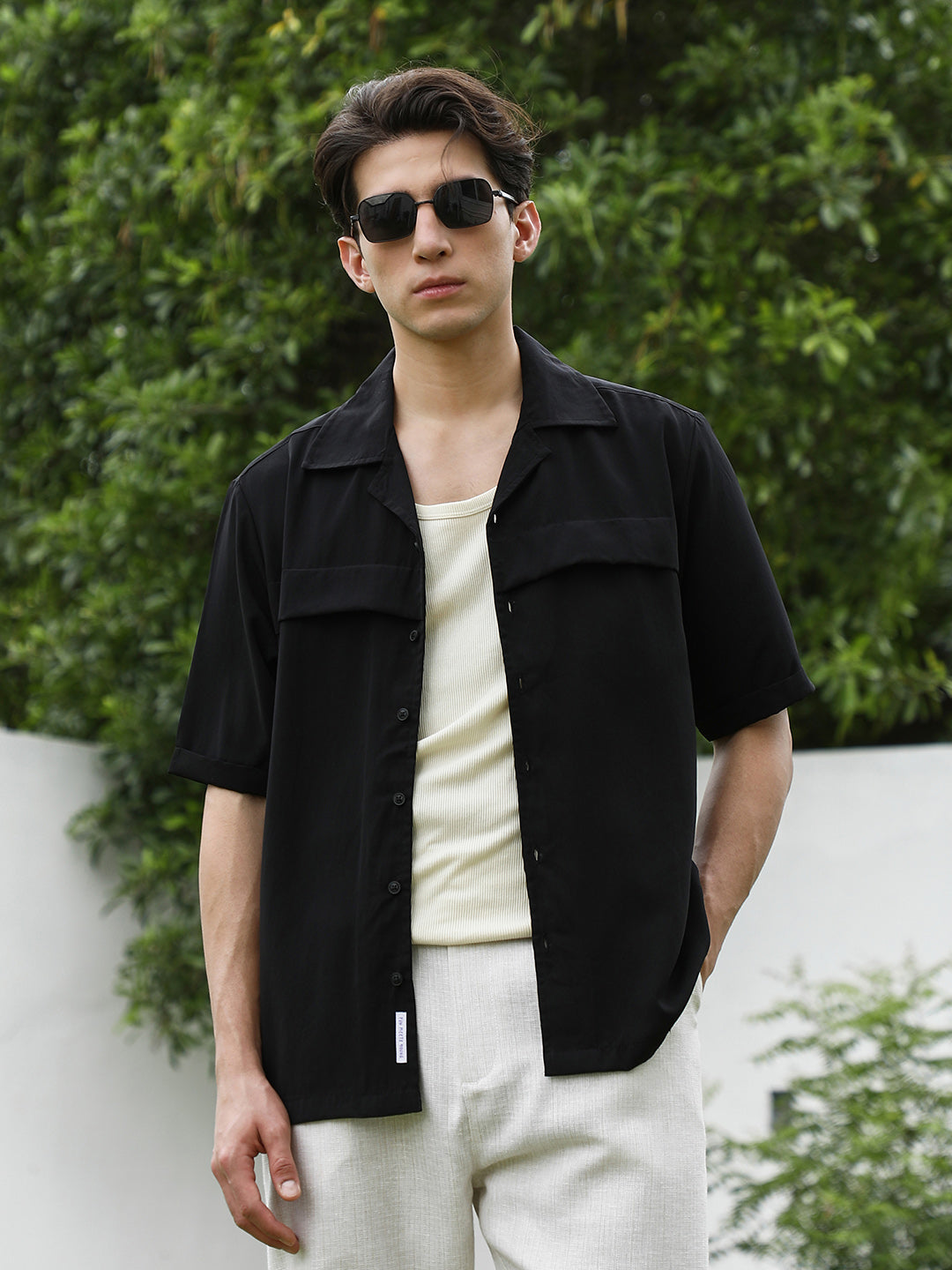 Campus Sutra Black Cuban Collar Short Sleeve Shirt