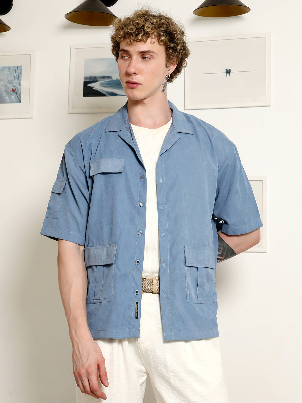 Campus Sutra Blue Cuban Collar Relaxed Fit Shirt With Flap Pockets