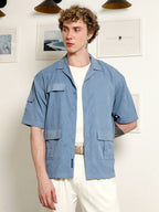 Campus Sutra Blue Cuban Collar Relaxed Fit Shirt With Flap Pockets