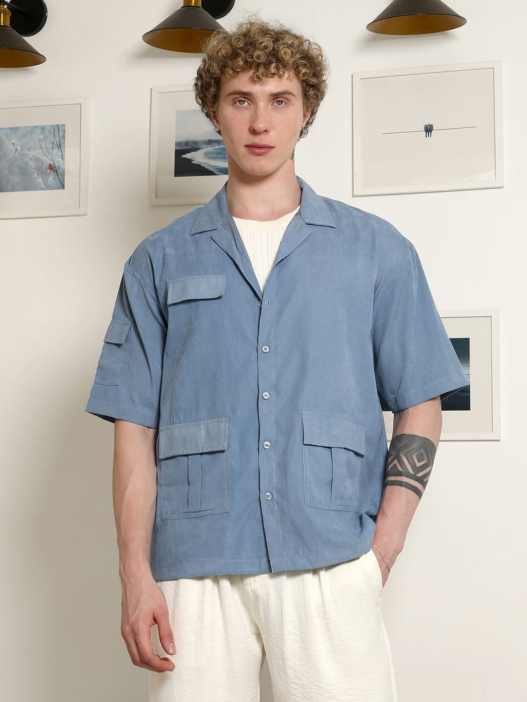 Campus Sutra Blue Cuban Collar Relaxed Fit Shirt With Flap Pockets