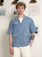 Campus Sutra Blue Cuban Collar Relaxed Fit Shirt With Flap Pockets