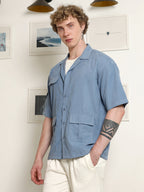 Campus Sutra Blue Cuban Collar Relaxed Fit Shirt With Flap Pockets
