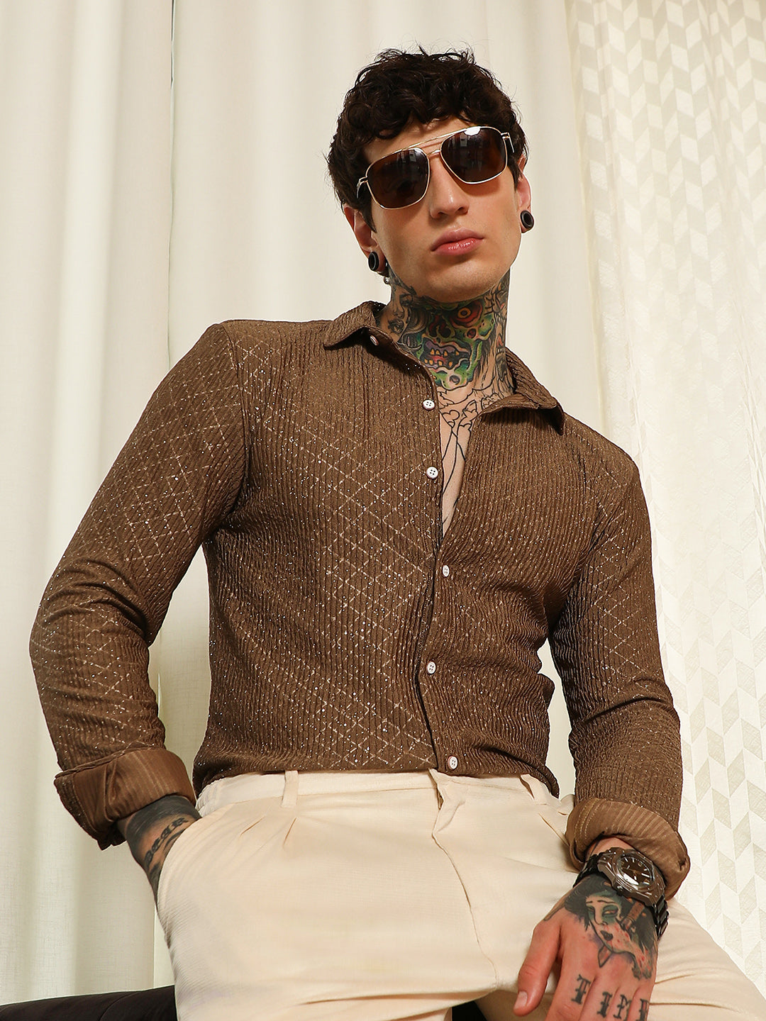 Campus Sutra Brown Diamond Pattern Slim Fit Shirt