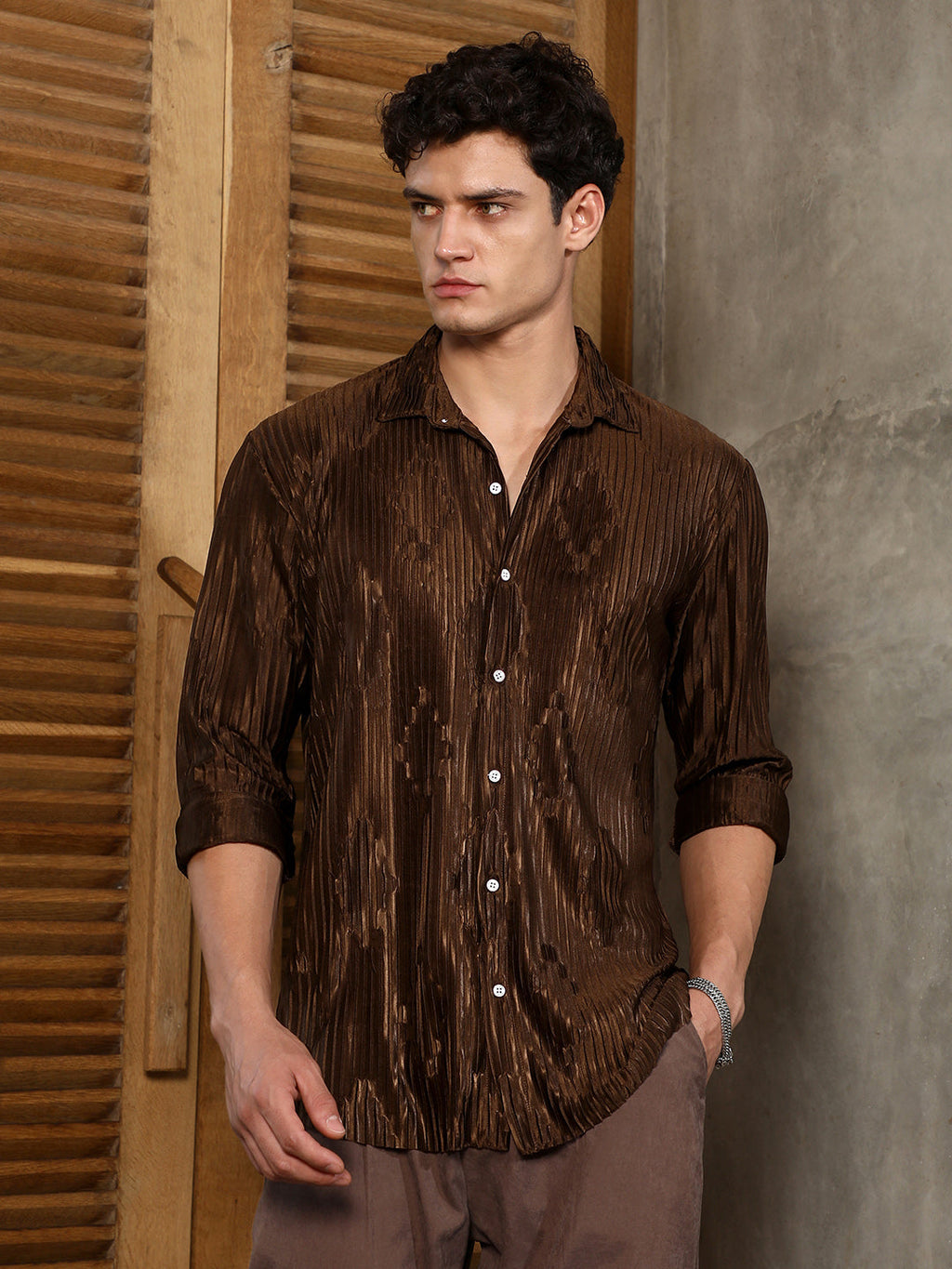 Campus Sutra Chocolate Brown Pleated-Rhombus Shirt