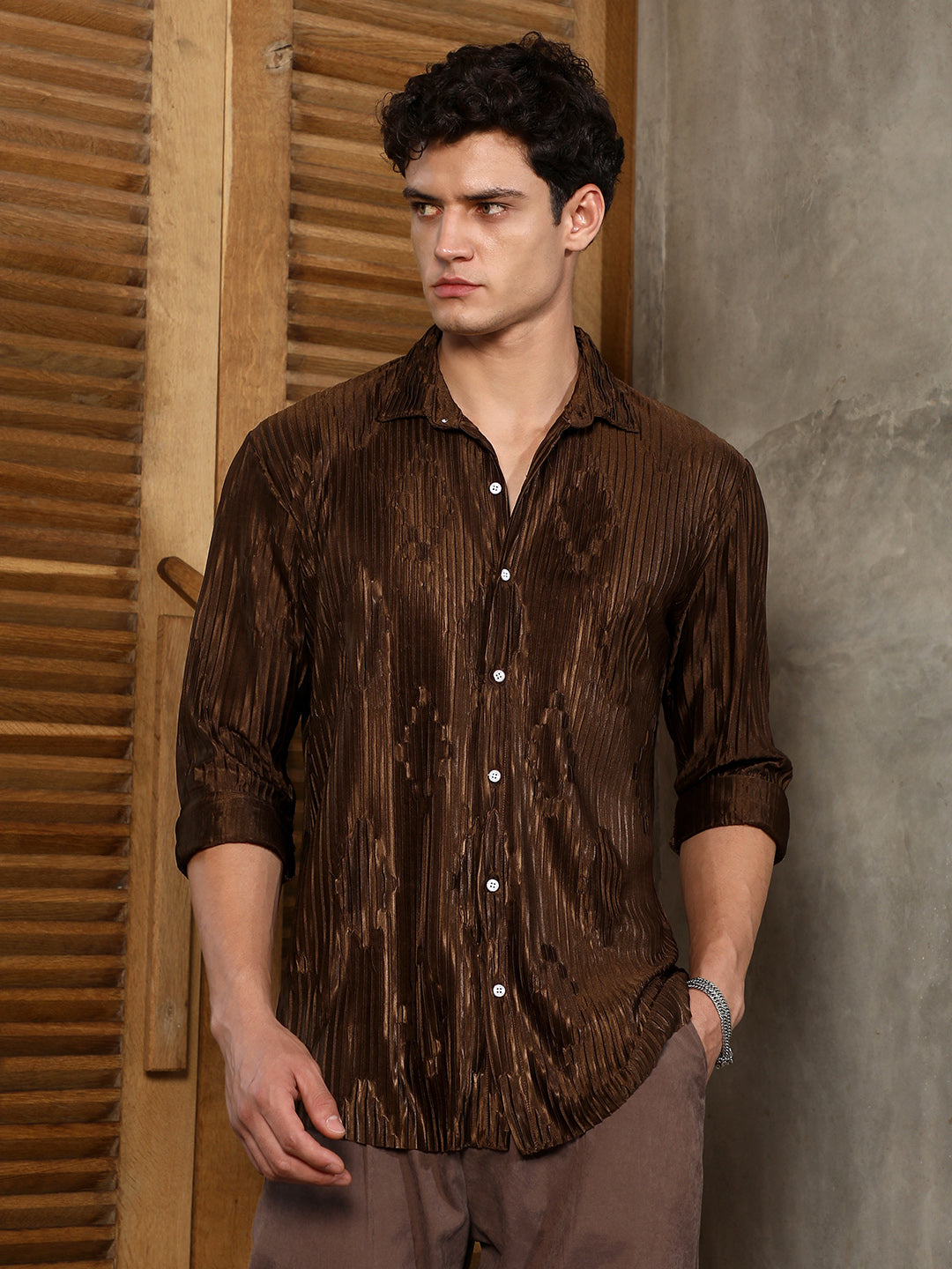 Campus Sutra Chocolate Brown Pleated-Rhombus Shirt