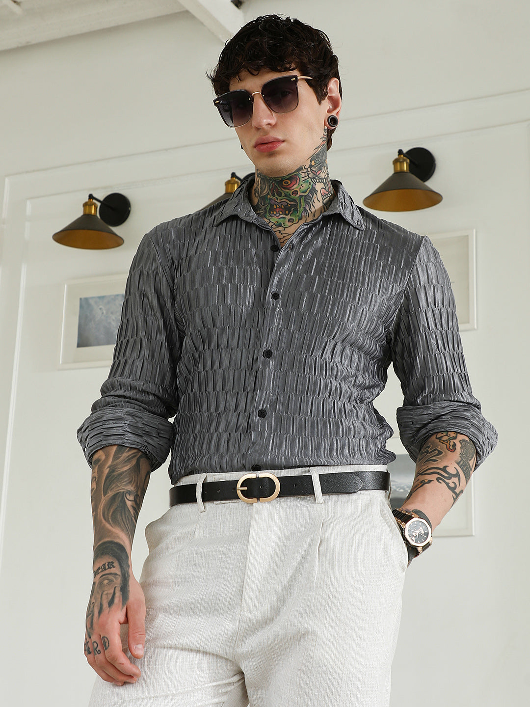 Campus Sutra Textured Grey Slim Fit Full Sleeve Shirt