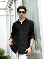 Campus Sutra Black Textured Slim Fit Shirt With Semi-Spread Collar
