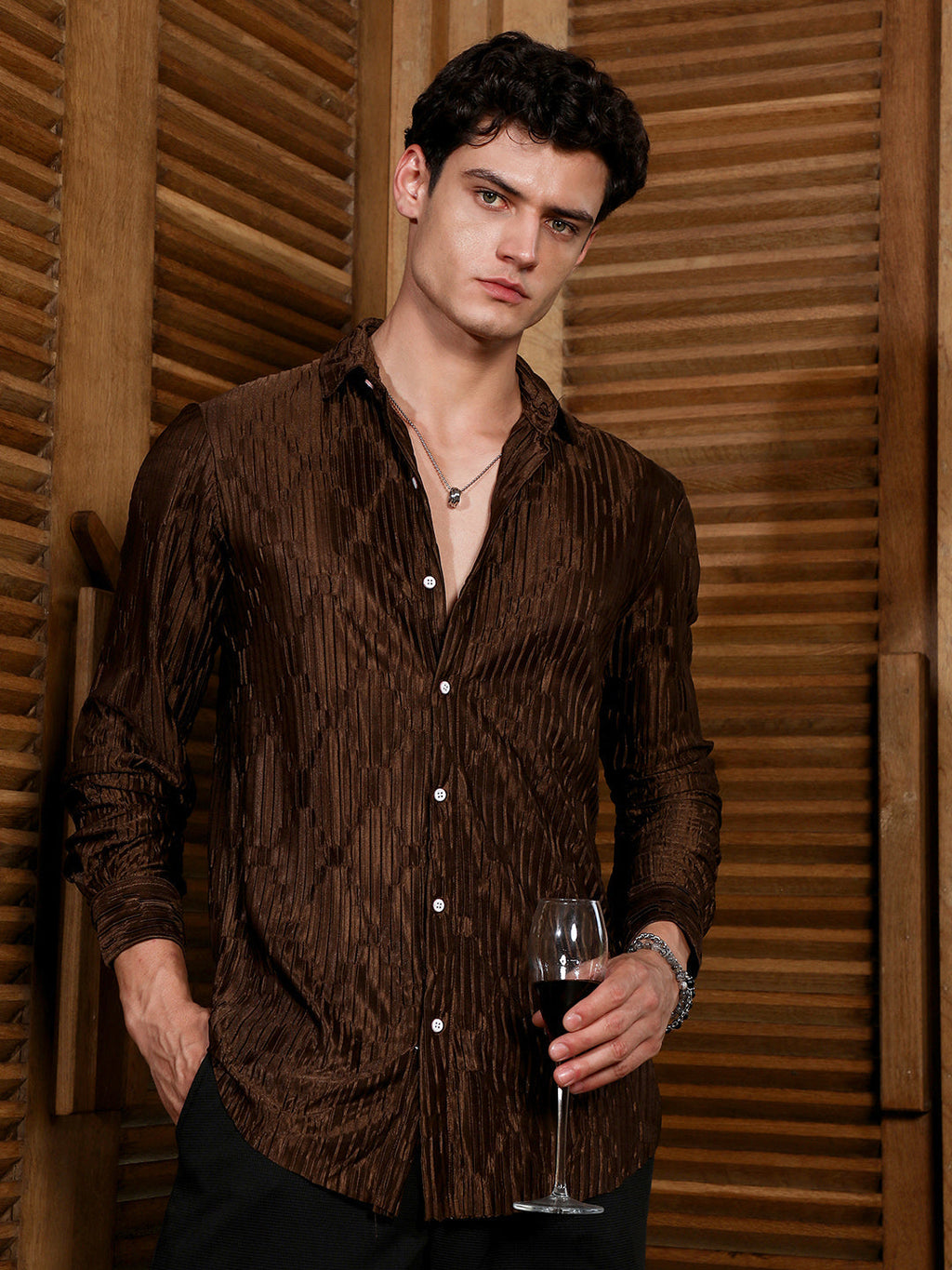 Campus Sutra Chocolate Brown Ruche-Pleated Shirt