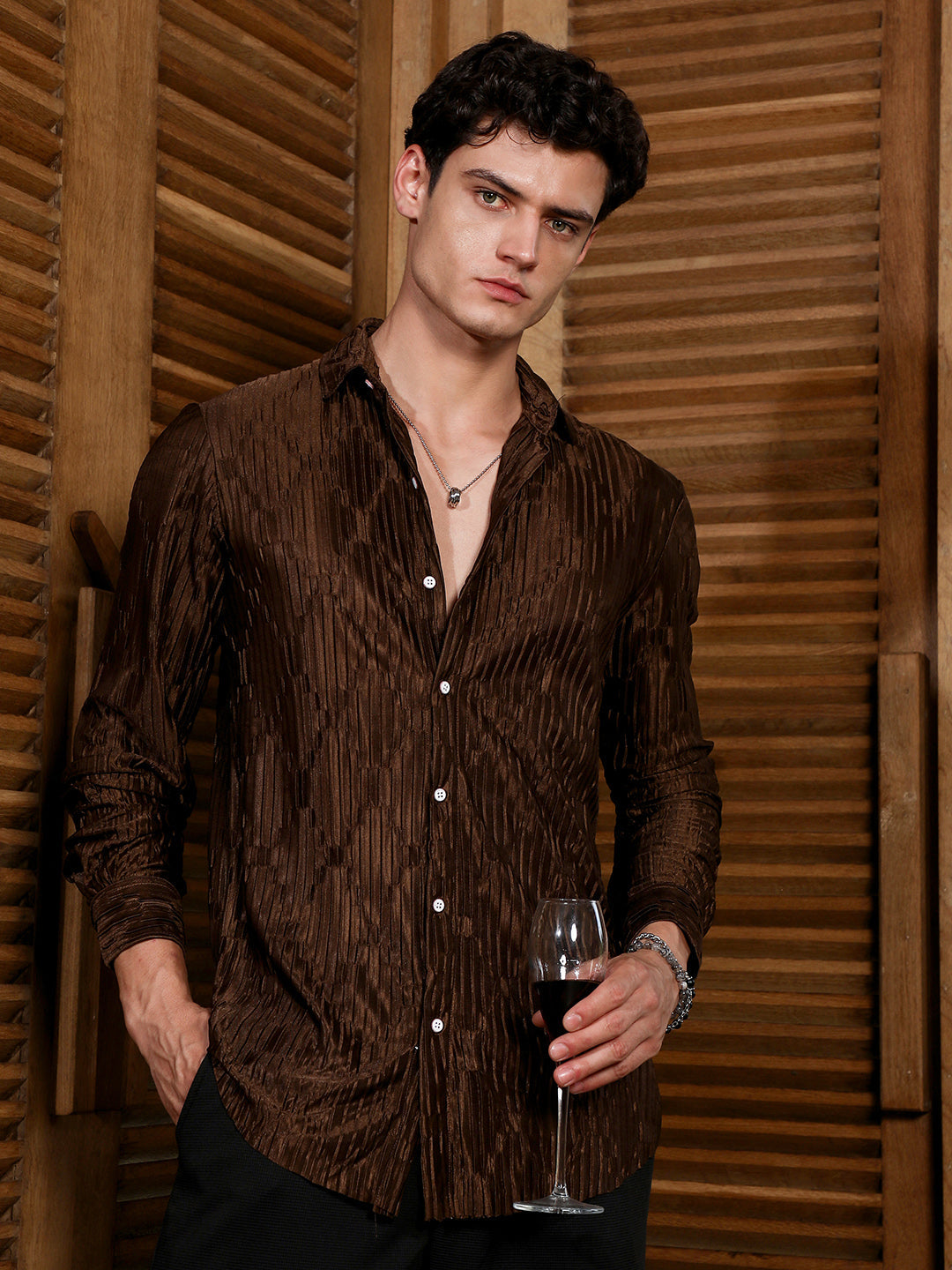 Campus Sutra Chocolate Brown Ruche-Pleated Shirt