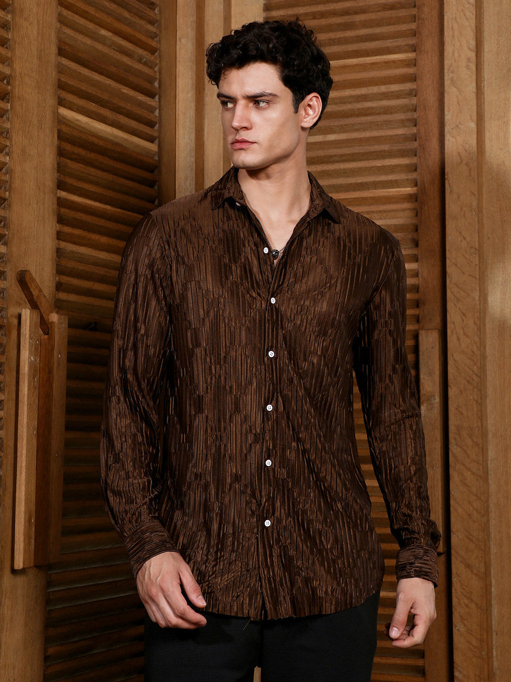 Campus Sutra Chocolate Brown Ruche-Pleated Shirt