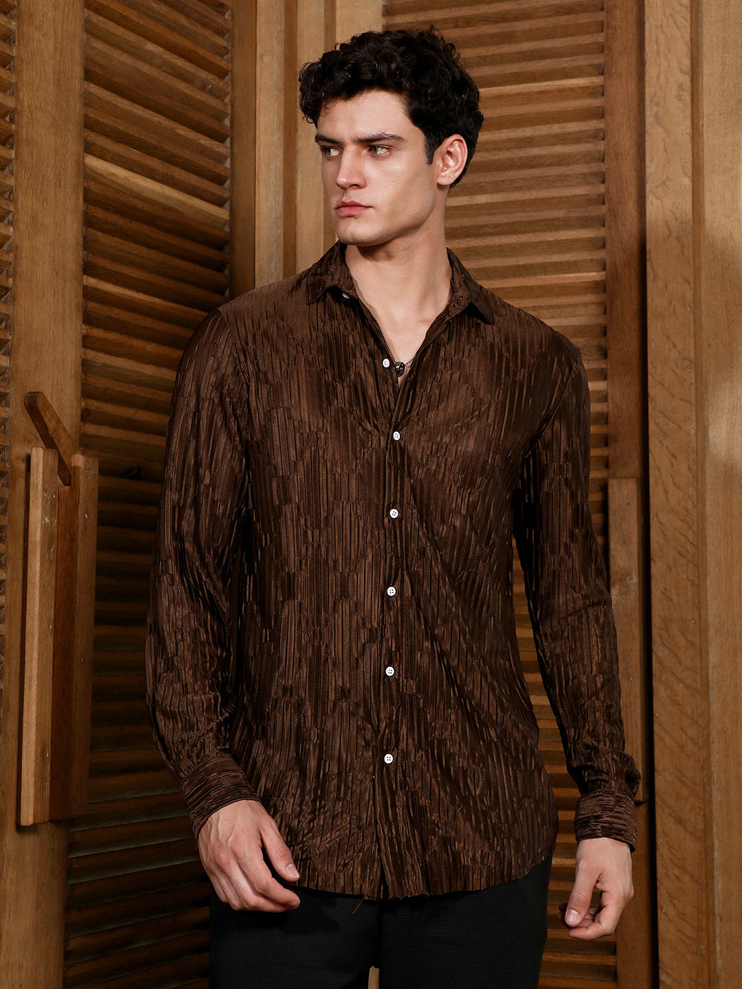 Campus Sutra Chocolate Brown Ruche-Pleated Shirt