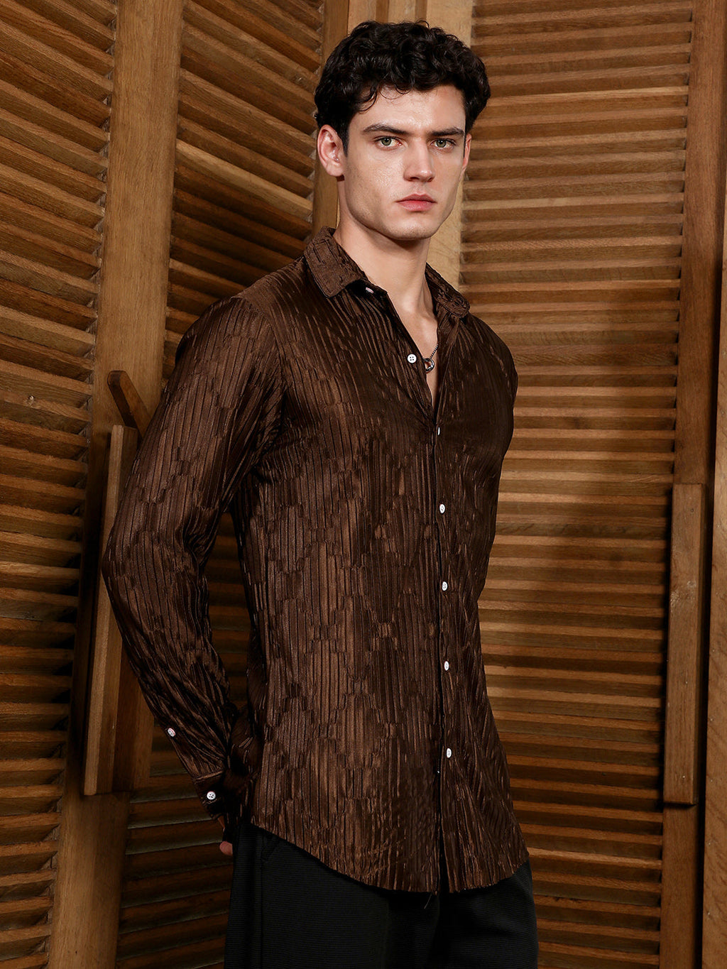Campus Sutra Chocolate Brown Ruche-Pleated Shirt