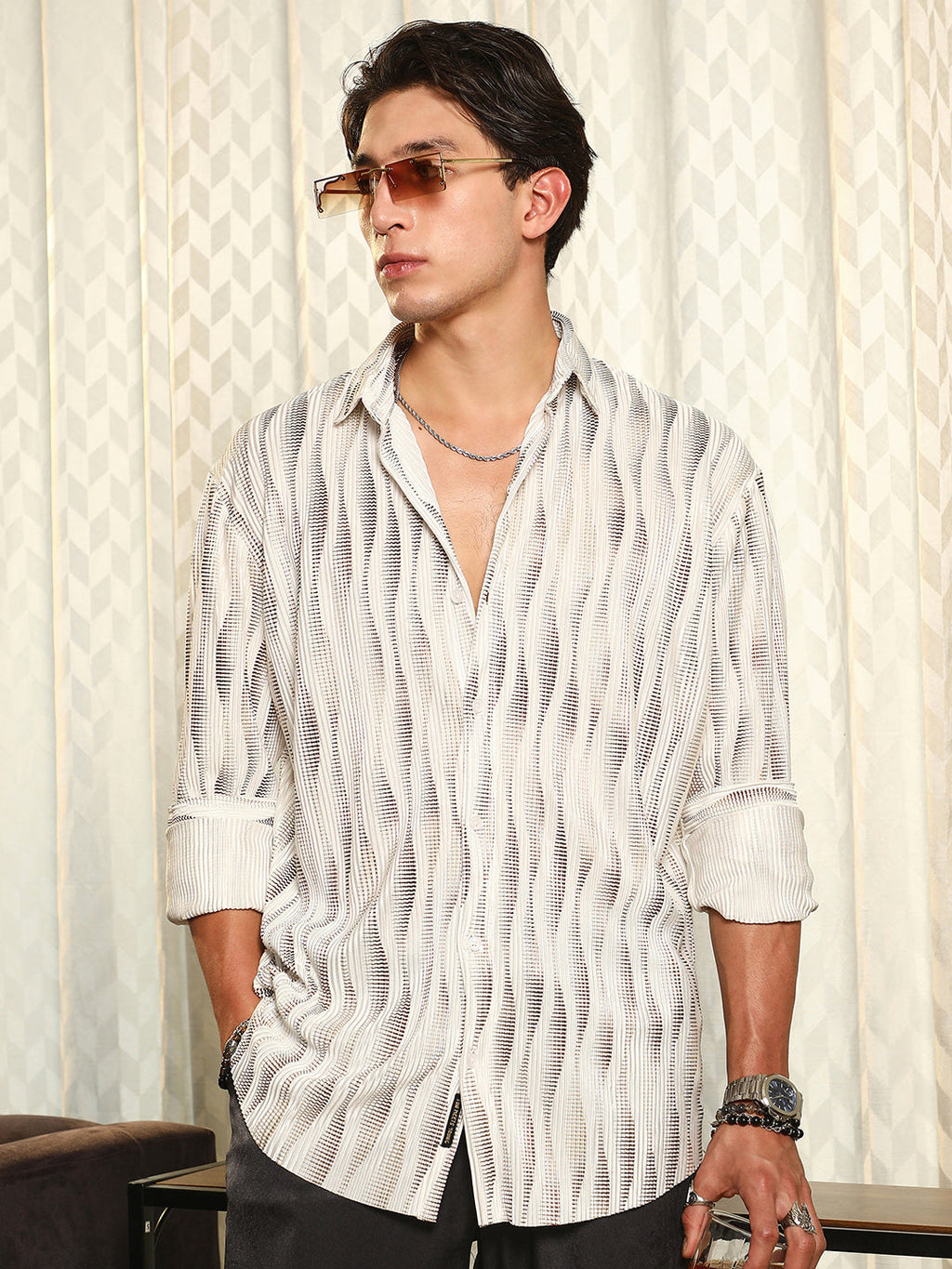 Campus Sutra Metallic-Gradient Pleated Shirt