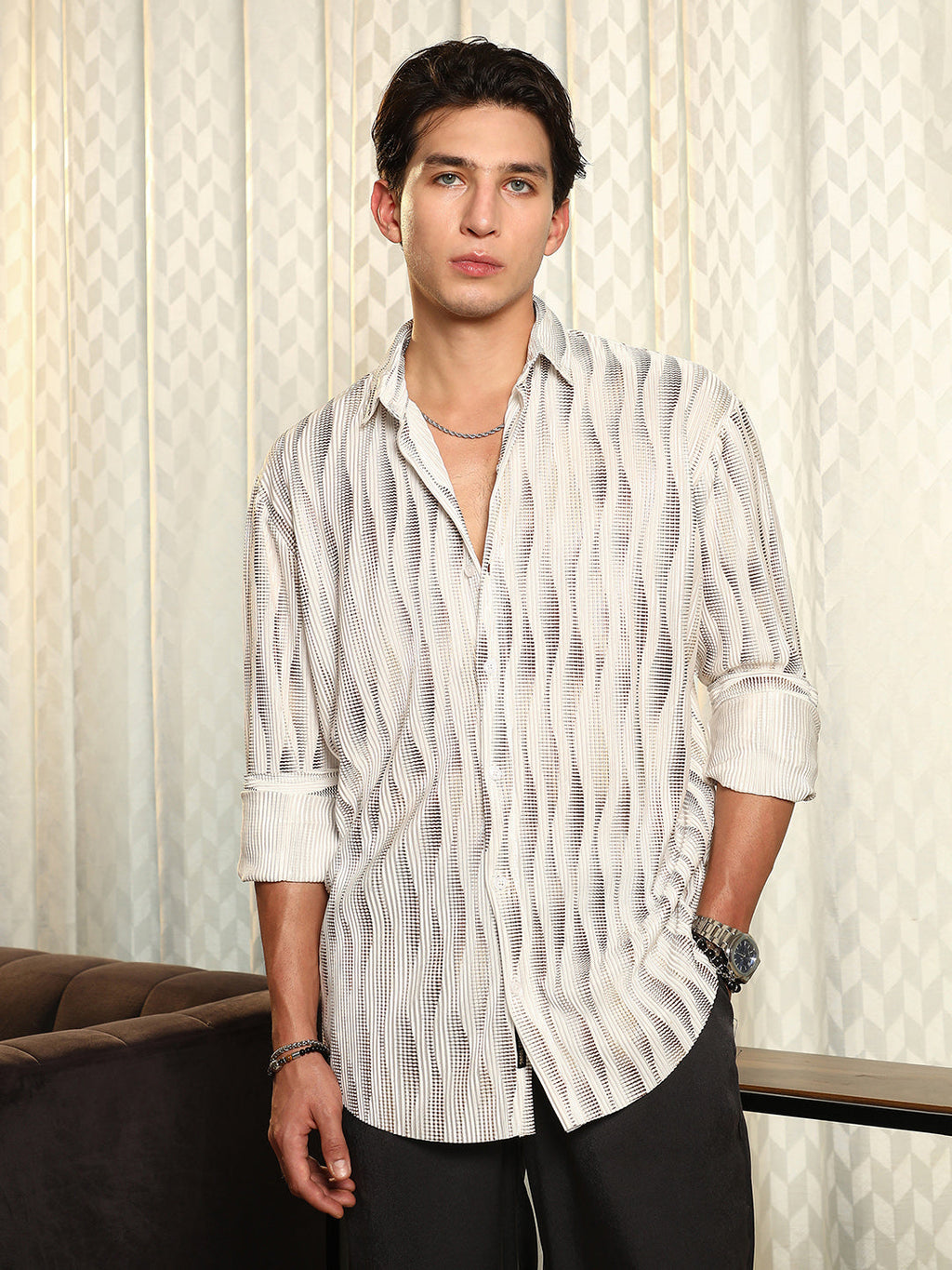 Campus Sutra Metallic-Gradient Pleated Shirt