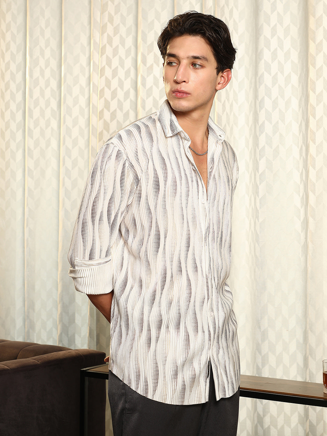 Campus Sutra Metallic-Gradient Pleated Shirt