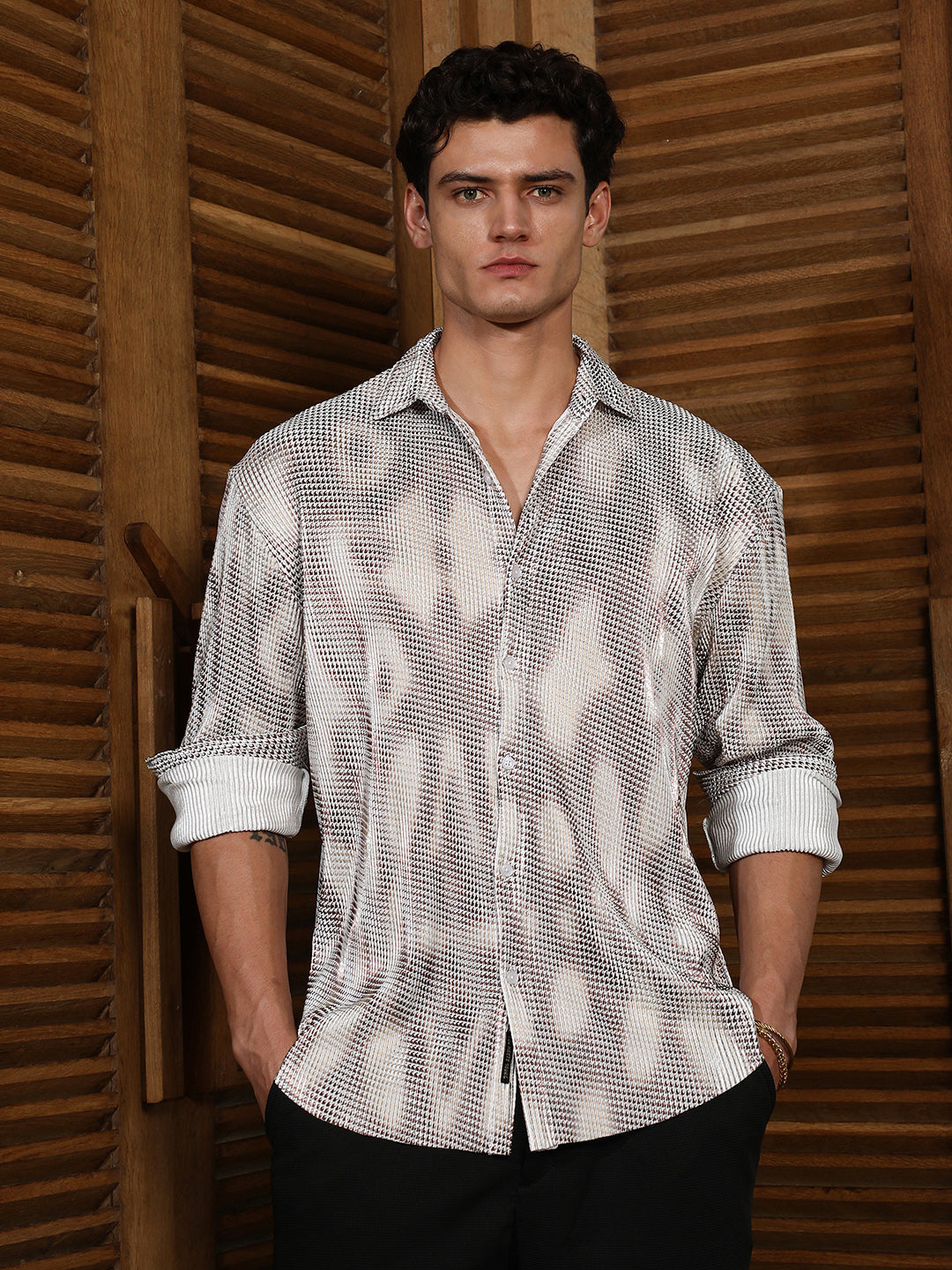 Campus Sutra Off-White & Antique Gold Metallic Abstract-Gradient Pleated Shirt