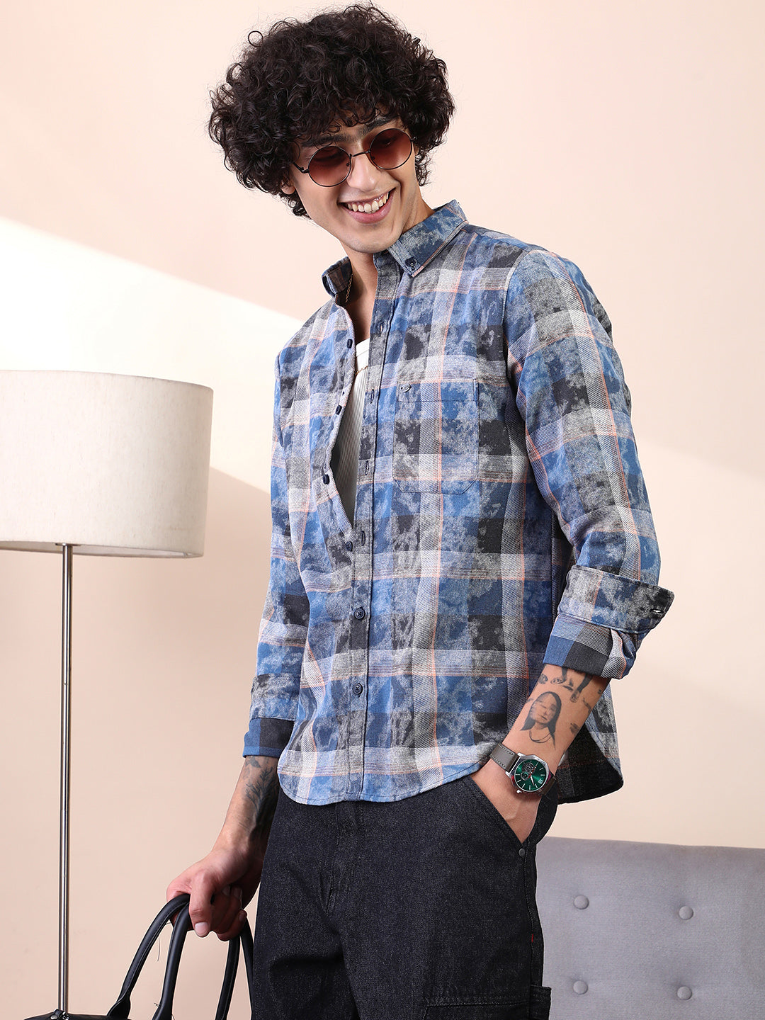 Campus Sutra Faded-Plaid Regular Shirt
