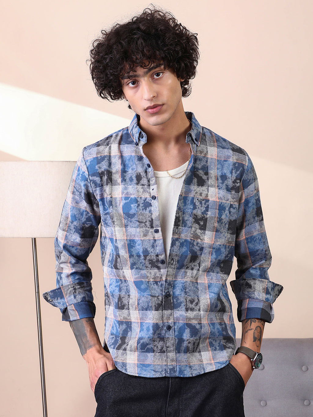 Campus Sutra Faded-Plaid Regular Shirt