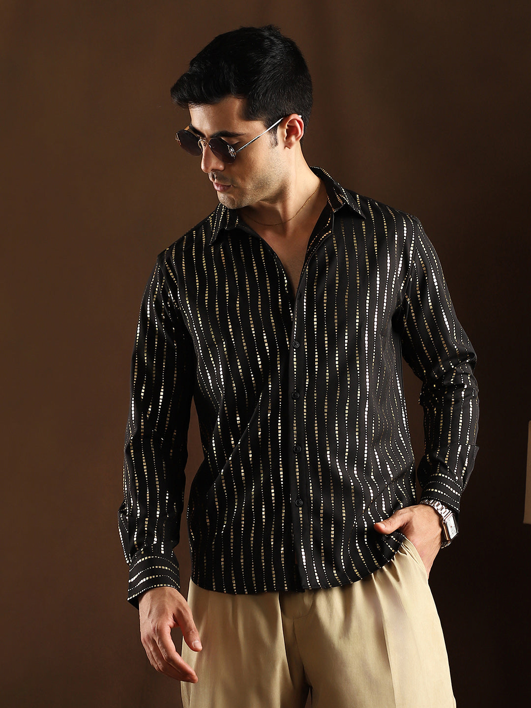 Campus Sutra Metallic-Vined Shirt