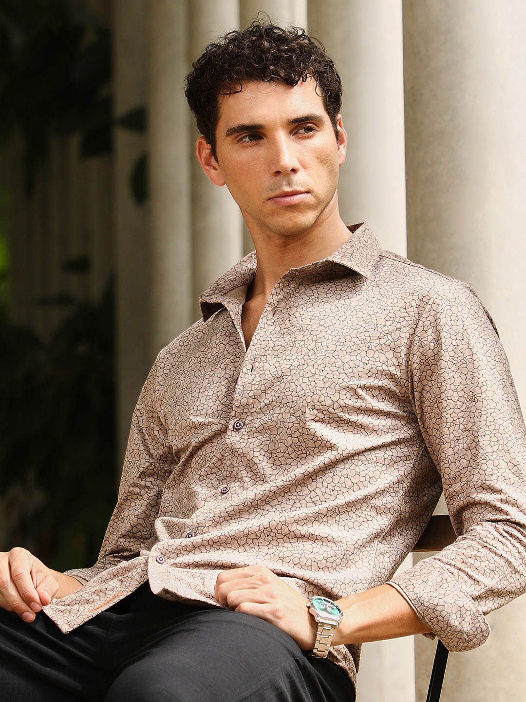 Campus Sutra Mosiac-Imprint Suede Shirt