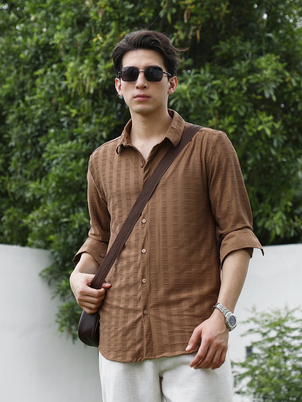 Campus Sutra Textured Brown Full Sleeve Shirt