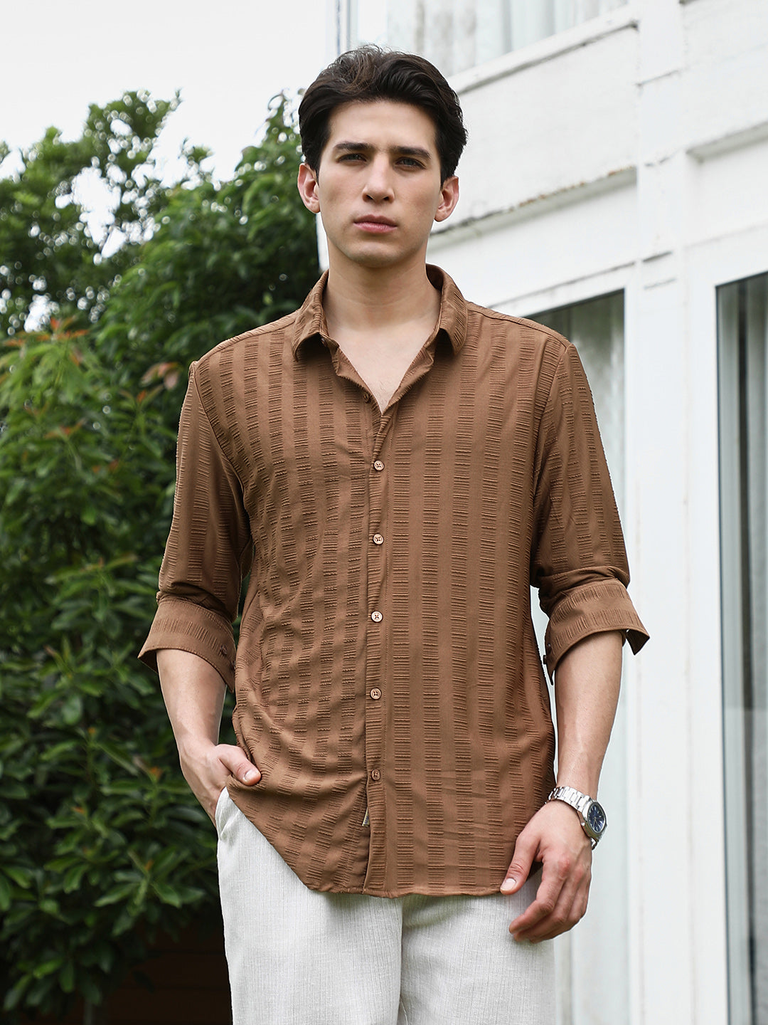 Campus Sutra Textured Brown Full Sleeve Shirt