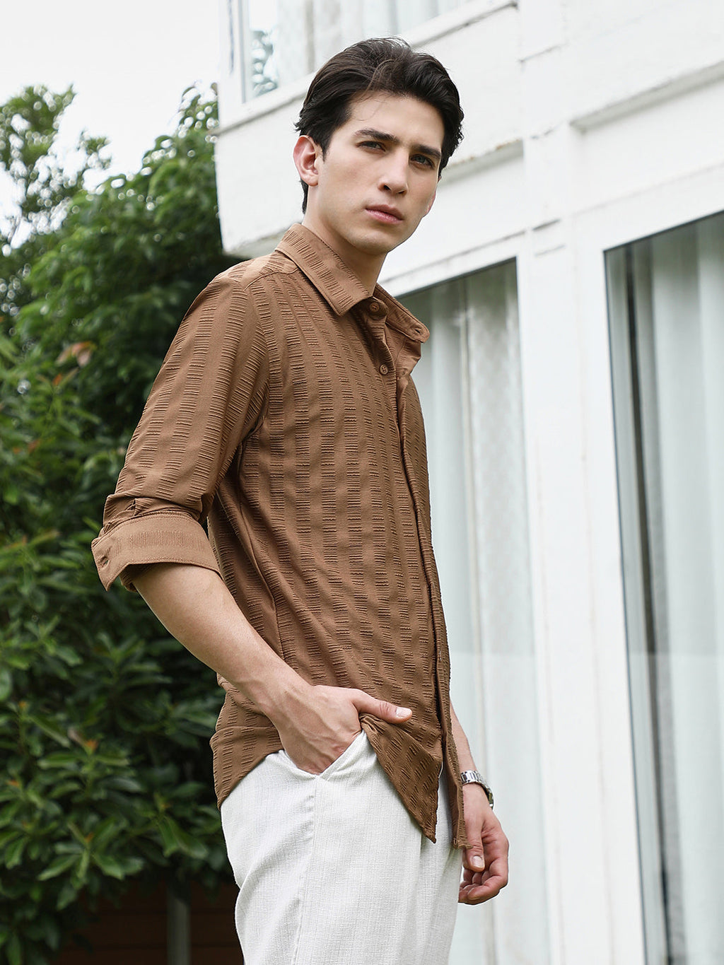 Campus Sutra Textured Brown Full Sleeve Shirt