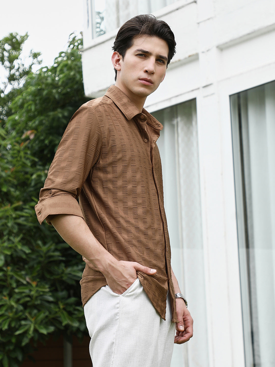 Campus Sutra Textured Brown Full Sleeve Shirt