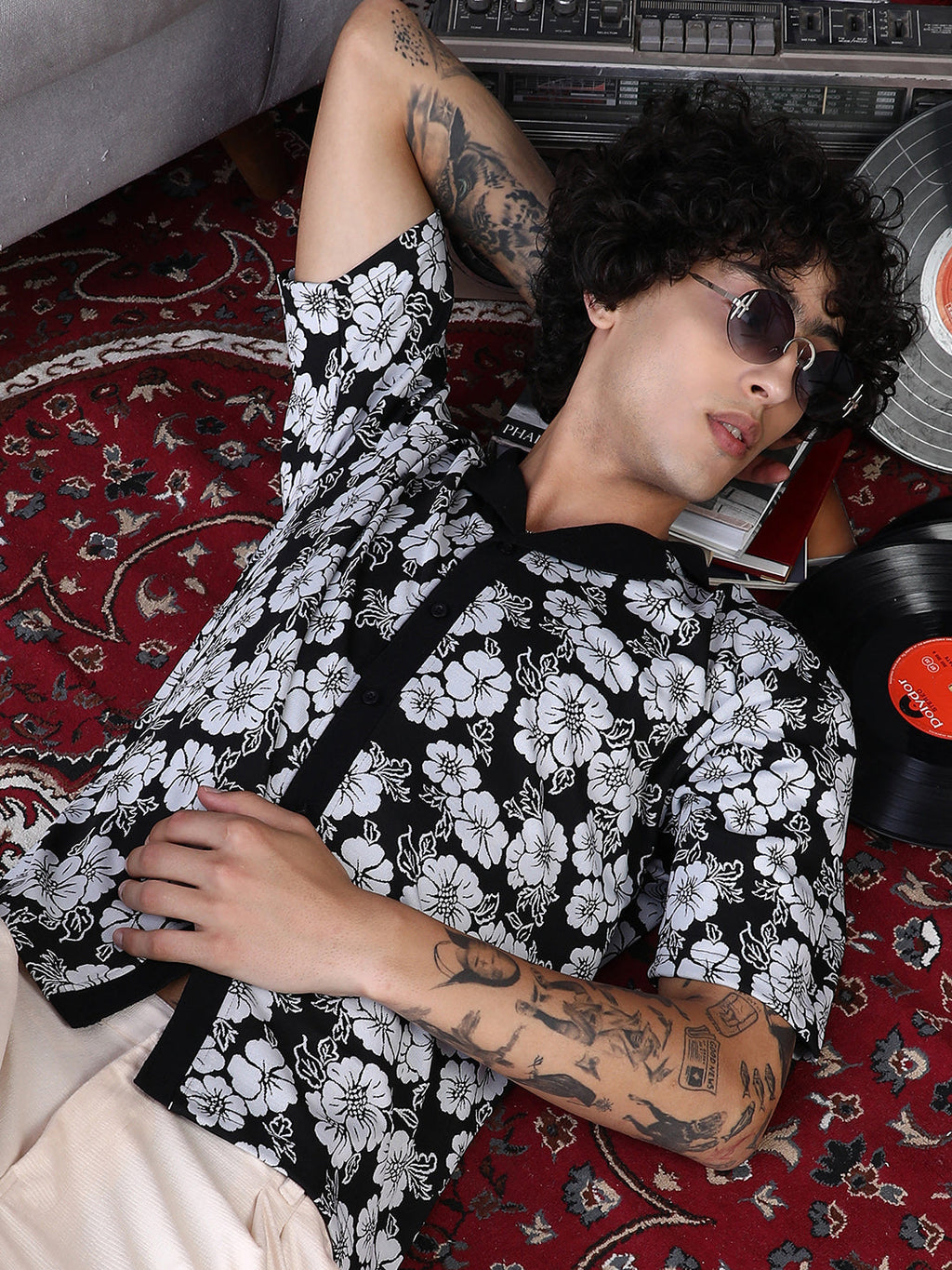 Campus Sutra Bloom-Imprint Cuban-Polo Shirt