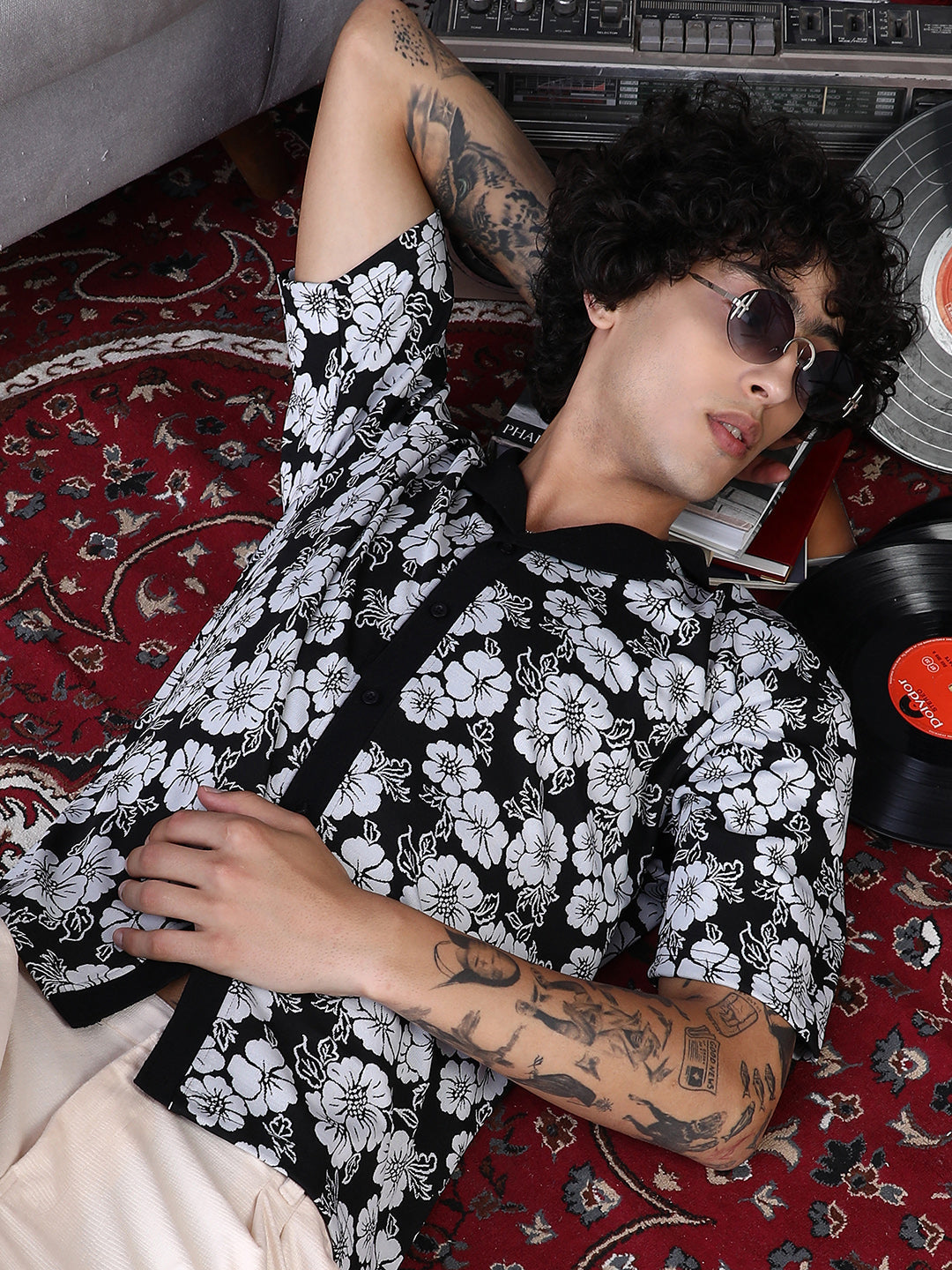 Campus Sutra Bloom-Imprint Cuban-Polo Shirt