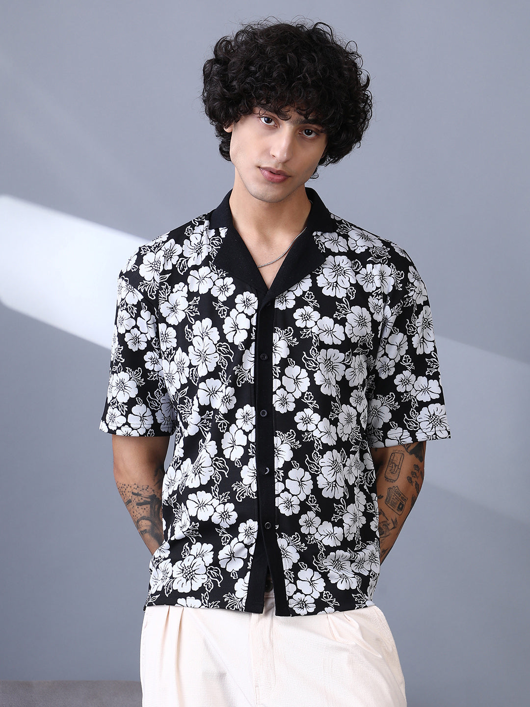 Campus Sutra Bloom-Imprint Cuban-Polo Shirt