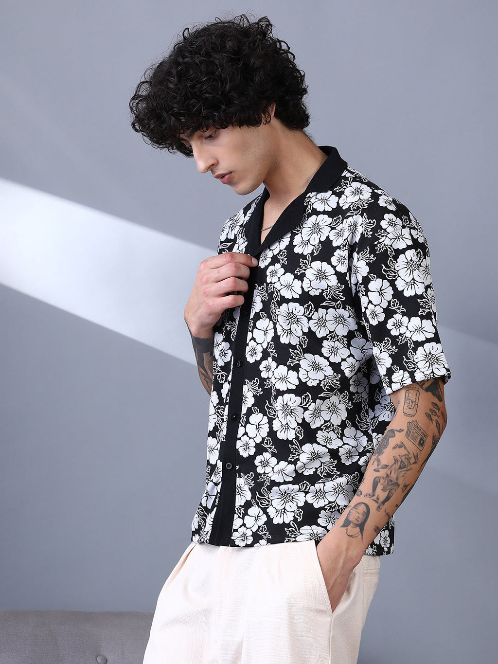 Campus Sutra Bloom-Imprint Cuban-Polo Shirt