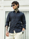 Campus Sutra Navy Blue Leaf Pattern Slim Fit Shirt