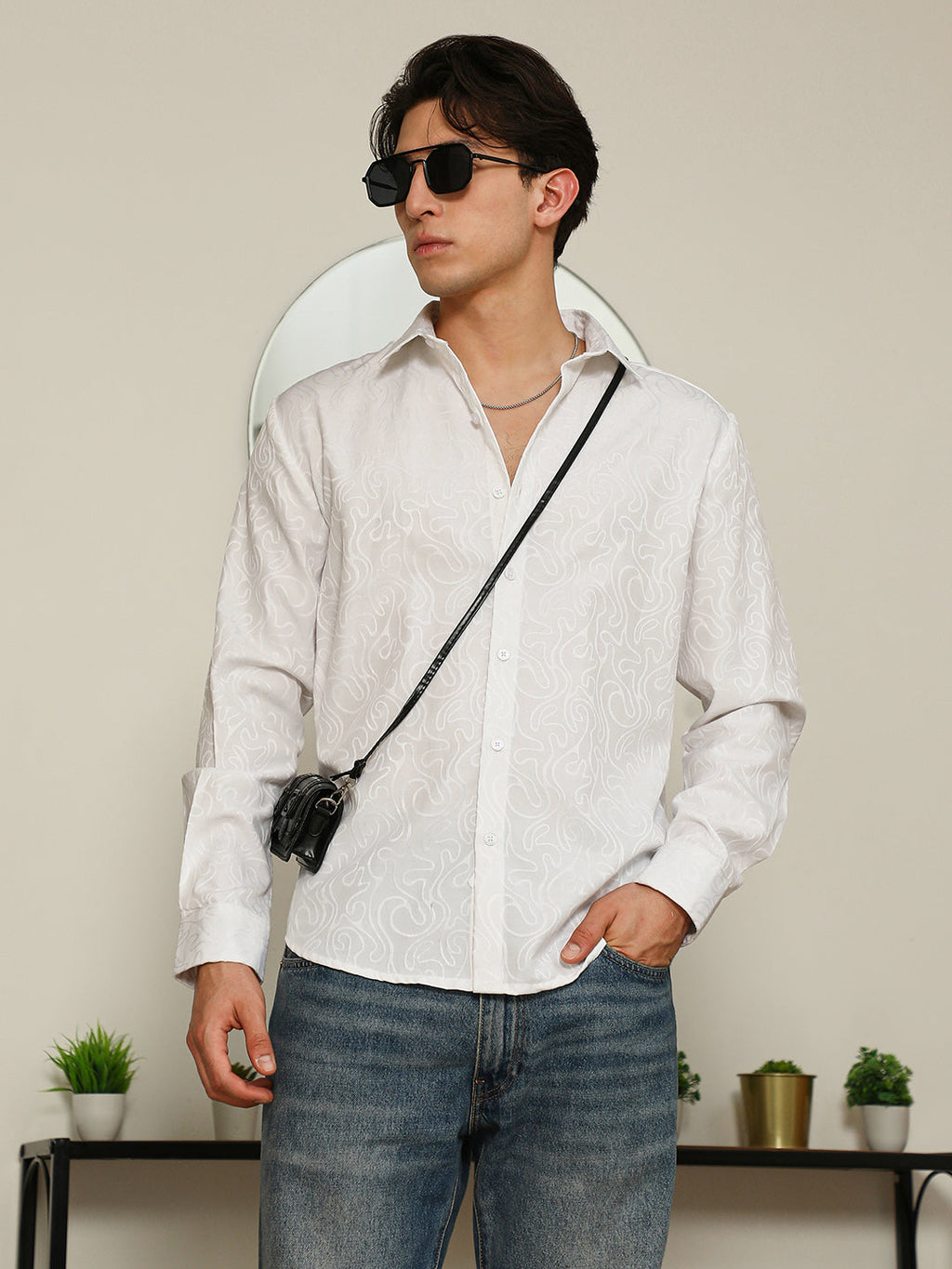 Campus Sutra White Paisley Self-Design Slim Fit Shirt For Men