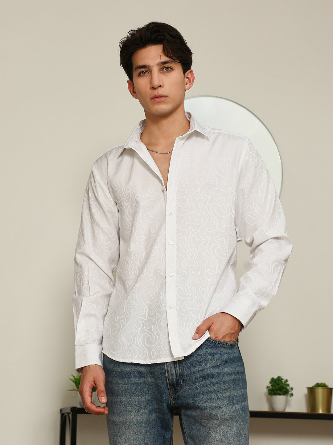 Campus Sutra White Paisley Self-Design Slim Fit Shirt For Men