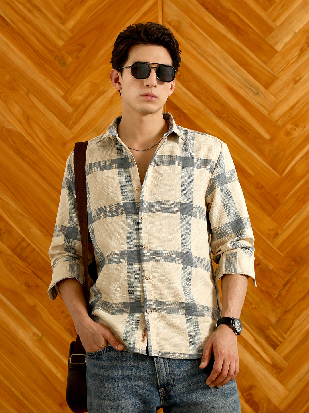 Campus Sutra Beige And Blue Checkered Cotton Blend Full Sleeve Shirt