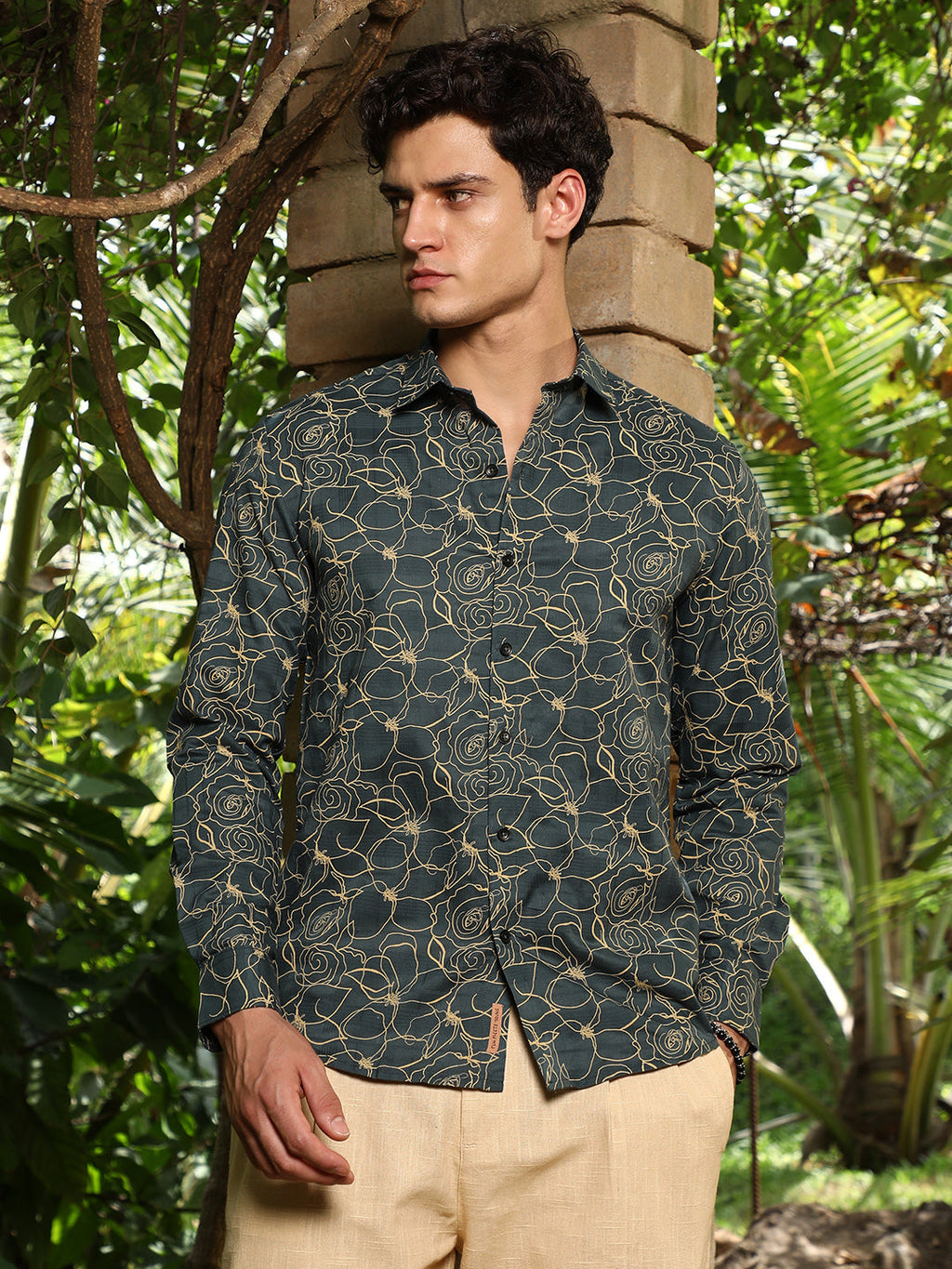 Campus Sutra Sacramento Green Roses-Lined Embroidered Shirt