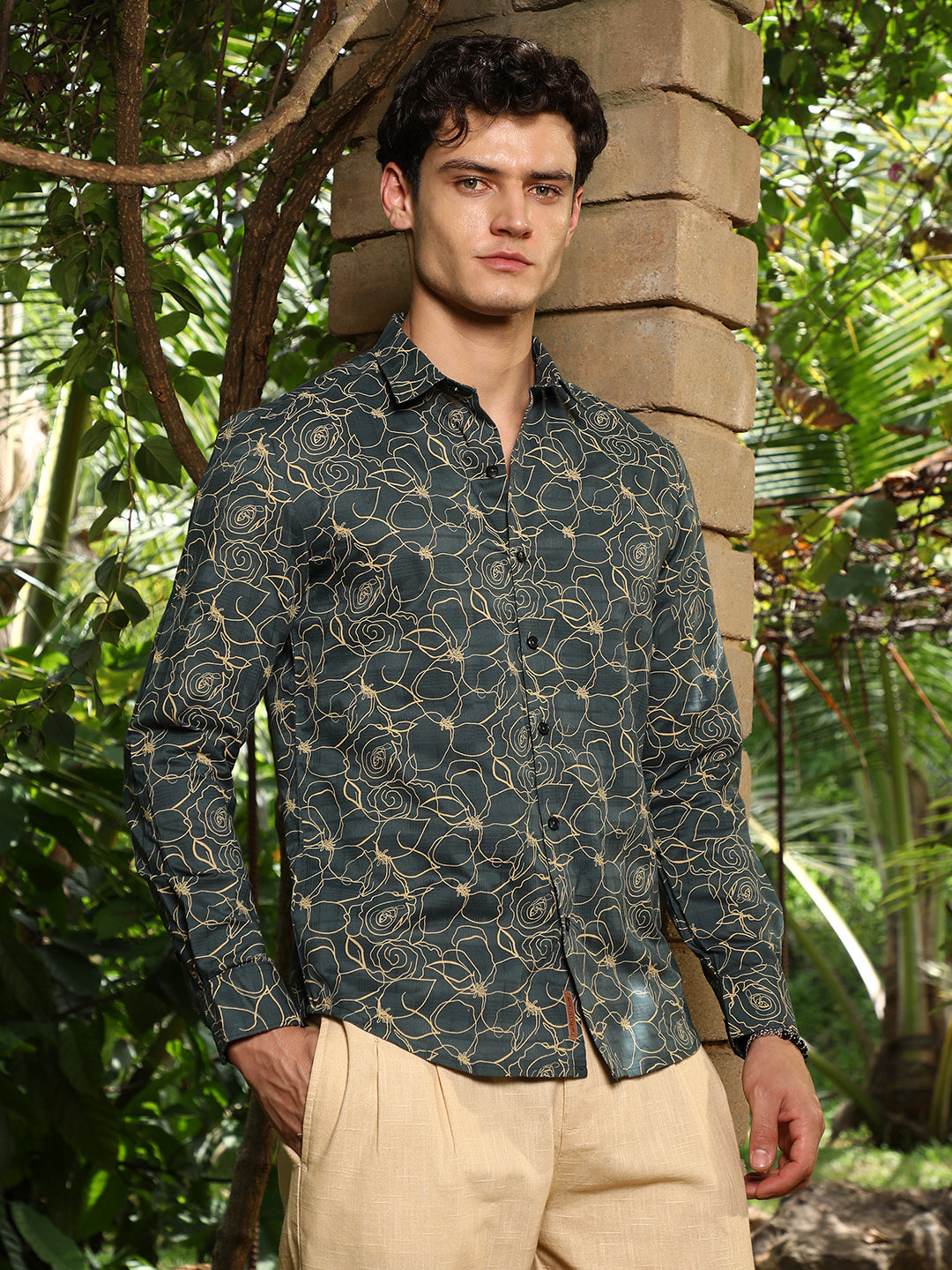Campus Sutra Sacramento Green Roses-Lined Embroidered Shirt