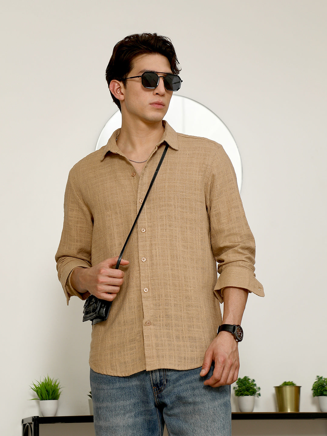 Campus Sutra Beige Textured Full Sleeve Shirt