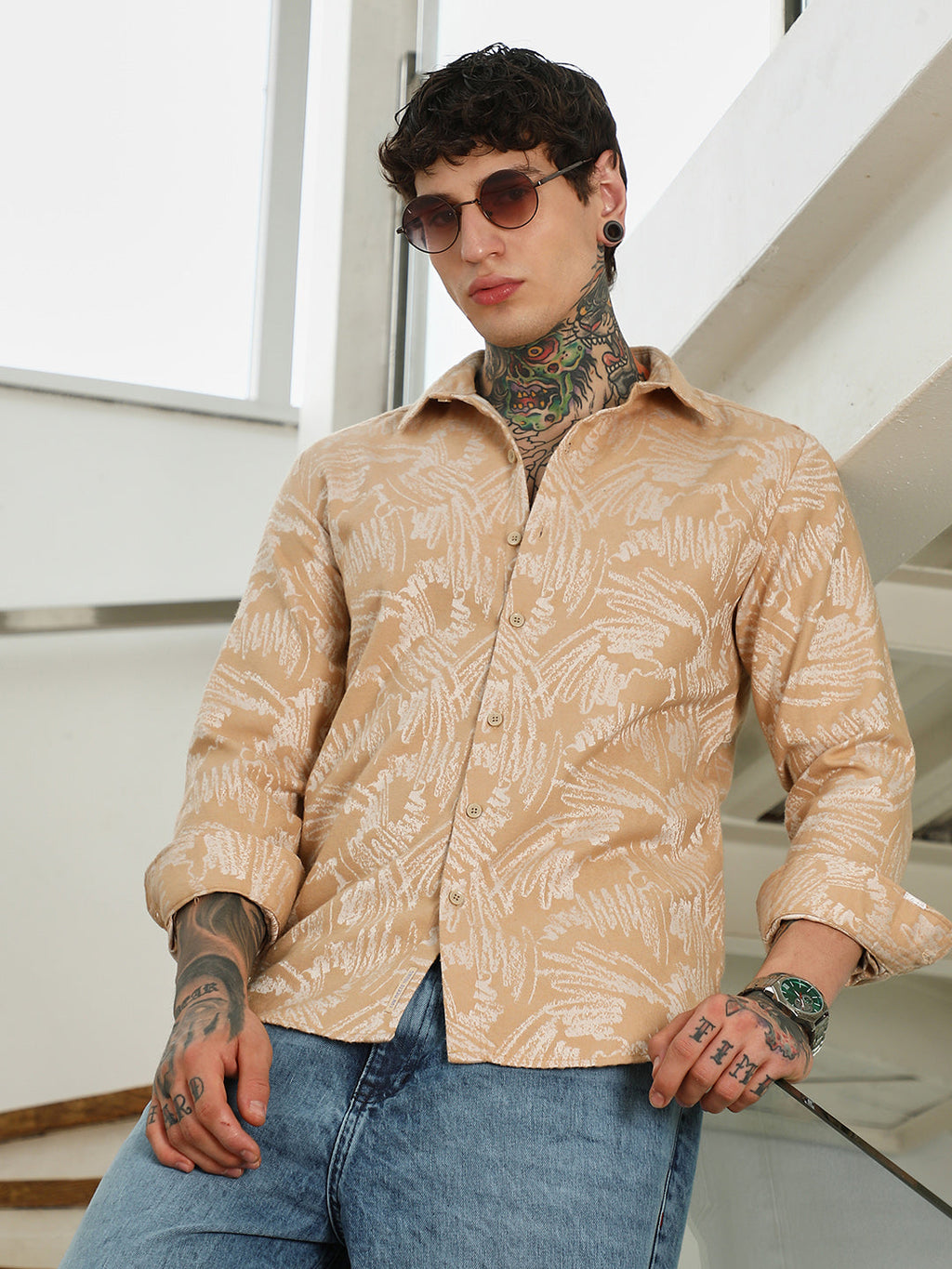 Campus Sutra Beige Abstract Printed Full Sleeve Shirt