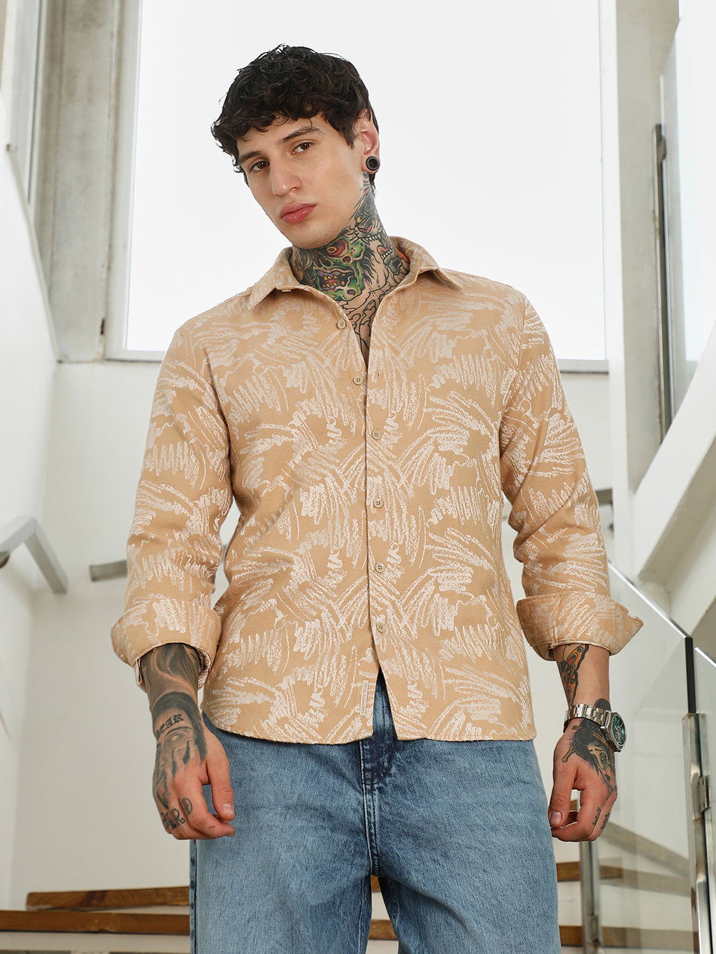 Campus Sutra Beige Abstract Printed Full Sleeve Shirt